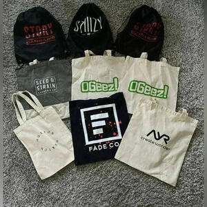 Bundle of 9 Cannabis Branded Canvas Totes/ Drawstring Bags NWOT